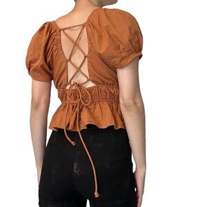 Free People Top Cropped Blouse Lace Up Boho Milkmaid Orange Size Extra Small